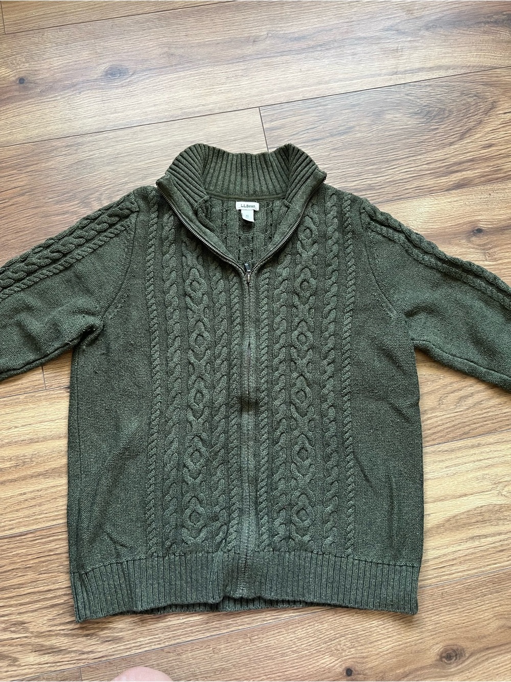L.L. Bean Double L Cotton Cable Knit Full Zip Sweater XL Green